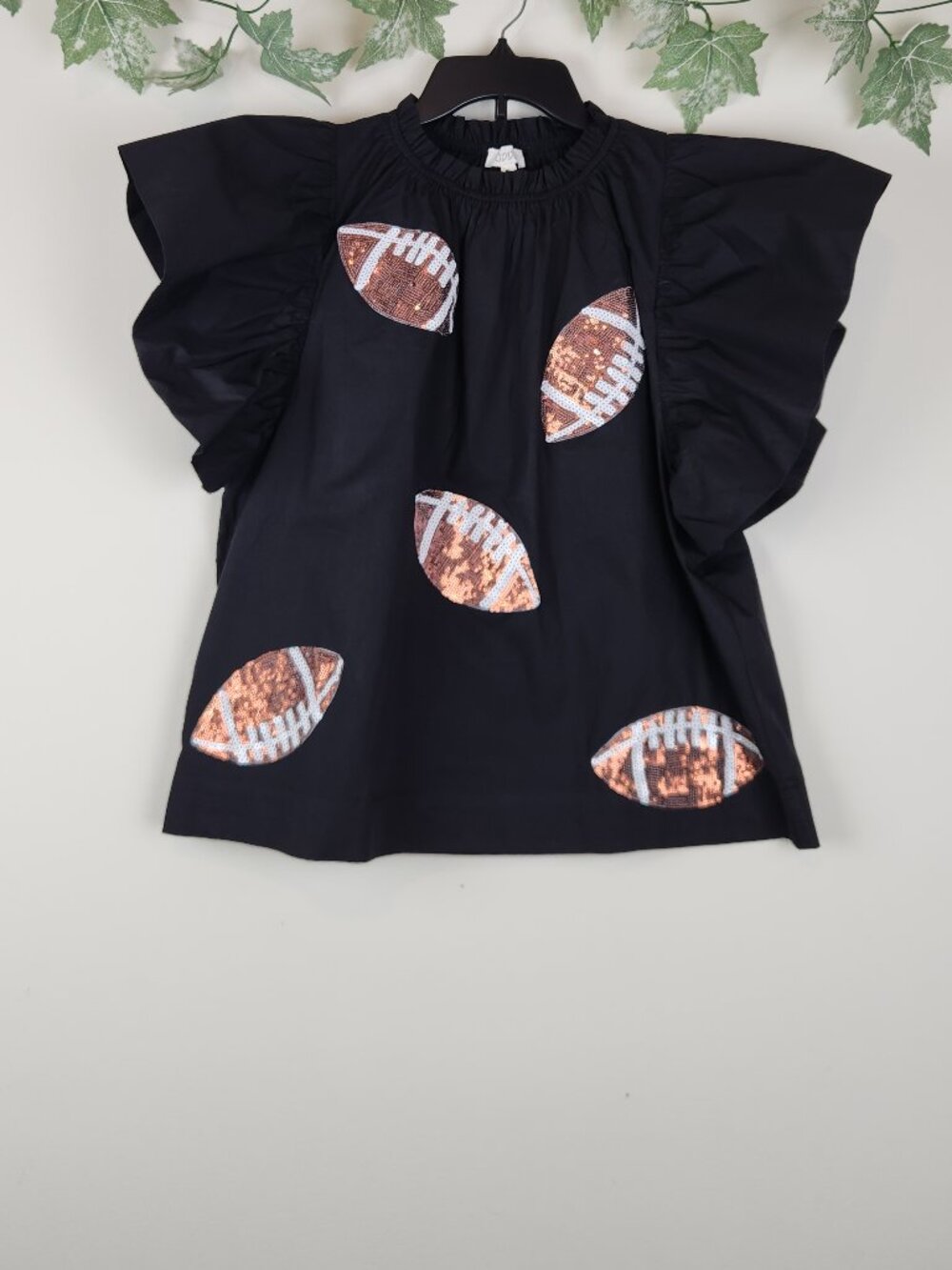 ODDY Women's Size S Black Football Sequin Path Ruffle Sleeve Cotton Top Blouse